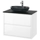 Modern white bathroom cabinet with dark glass sink, minimalist design, sleek handles, wall-mount or leg option, full drawer storage.