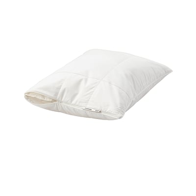 The ÄNGSKORN pillow protector is white, rectangular with diamond stitching, made from 55% lyocell and 45% cotton.