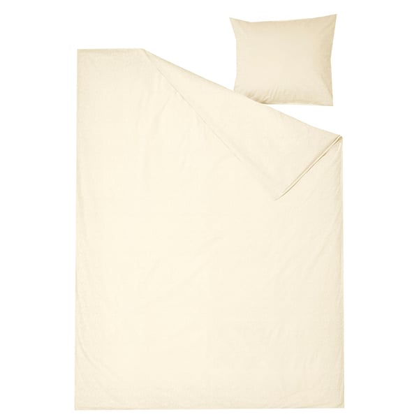 ÄNGSLILJA bed sheet set. Off-white, 100% cotton. Includes flat sheet, folded, and pillowcase. Simple, natural design.