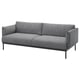 Modern grey fabric sofa, sleek black metal legs, clean lines.