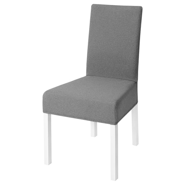 Modern grey upholstered chair with clean lines and high back, perfect for dining.