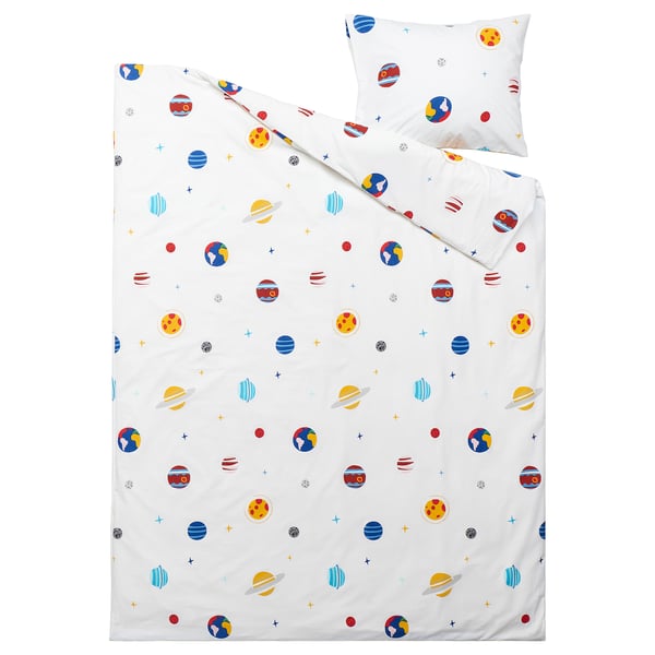 AFTONSPARV bedding set, white with colourful planet pattern, includes duvet cover and pillowcase, cotton-viscose material.