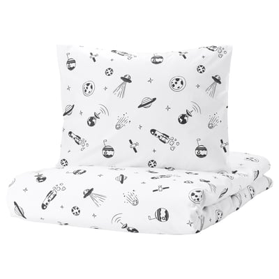 AFTONSPARV: white duvet & pillow with black space illustrations. Cotton & viscose. Square, soft, monochrome, fun.