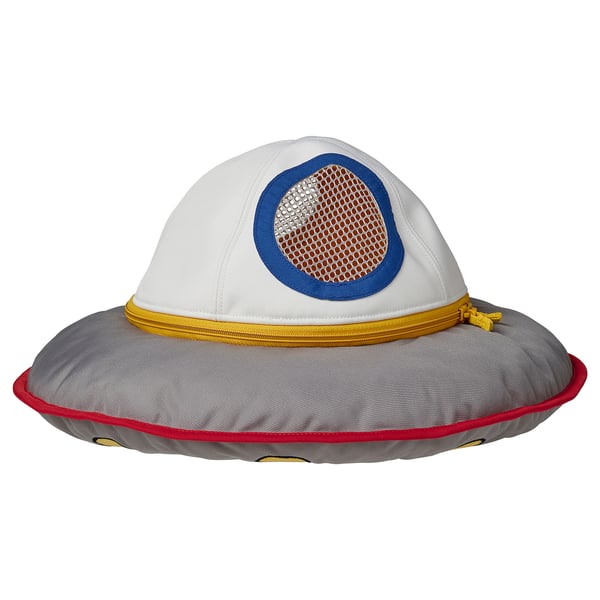 Simply styled alien spaceship toy, white top, grey base, red trim, yellow zip, mesh window.