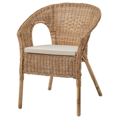 AGEN wicker chair; natural colour; woven rattan and bamboo; curved design; beige cushion; comfortable and airy.