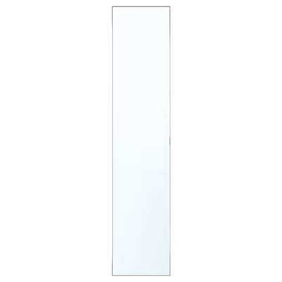 ÅHEIM mirror door: tall, rectangular, silver frame, reflective surface, with soft-close hinges.