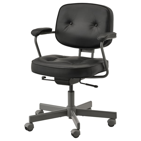The ALEFJÄLL office chair in black leather a high back, adjustable lumbar support, padded armrests, and a five-wheel base for mobility and comfort.
