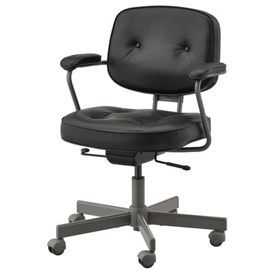 The ALEFJÄLL office chair in black leather a high back, adjustable lumbar support, padded armrests, and a five-wheel base for mobility and comfort.