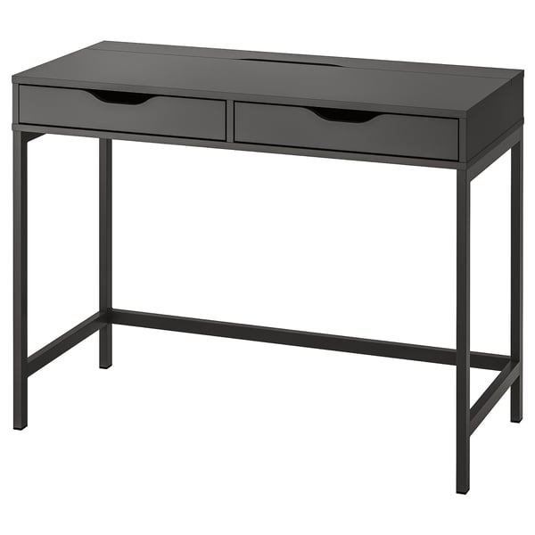 Modern ALEX desk in black, featuring two drawers with minimalist design. Rectangular shape, metal legs, sleek and functional workspace.