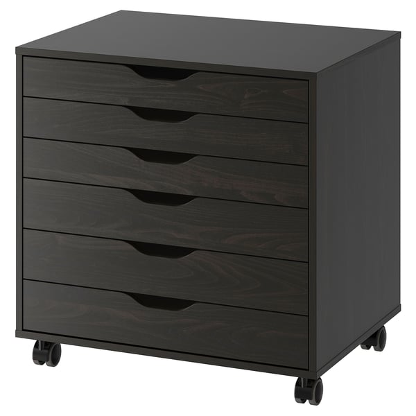 Black ALEX storage unit with wheels, six drawers, wooden finish.