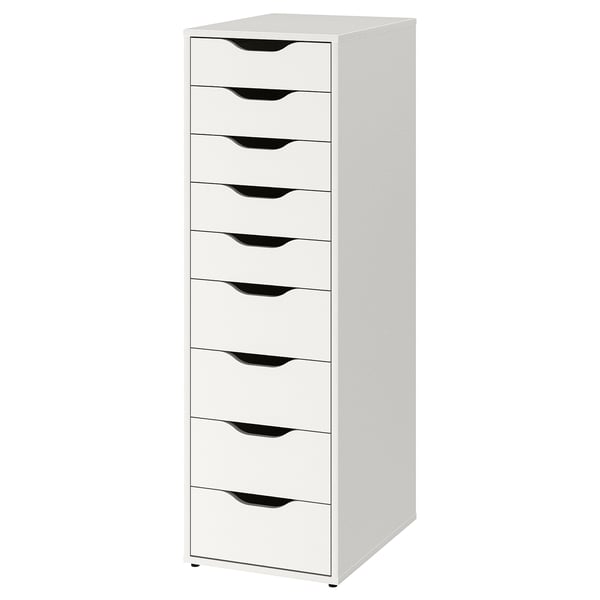 White ALEX unit: 9 drawers, minimalist design, sturdy particleboard, acrylic paint finish.