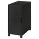 Black mobile storage cabinet with one door. Rubber-coated castors for smooth movement. Made from particleboard and plastic.