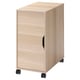 Light brown wooden cabinet with four wheels. Single door, movable internal shelf. Modern minimalist design.