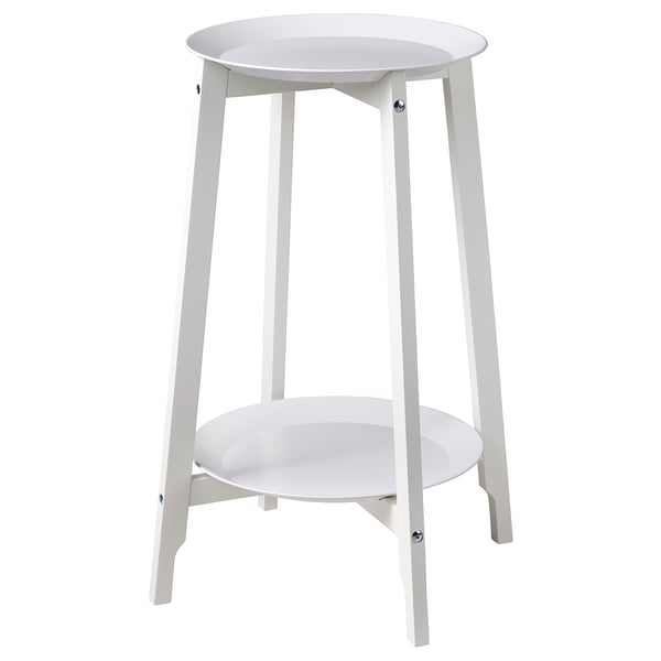 A white ALPVIDE plant stand with a round steel tray and wooden legs.