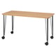 A wooden desk with hairpin legs and casters, light brown color, rectangular shape, modern design.