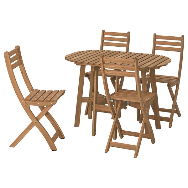 Brown wooden patio set, ASKHOLMEN, includes small table & four folding chairs.