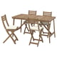 An outdoor wooden dining set with a table and four folded chairs, cushioned seats, natural finish, simple design.