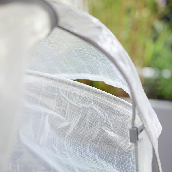 White semi-transparent plant cover, part of ASPAREN garden kit, protecting plants with ventilation zippers.