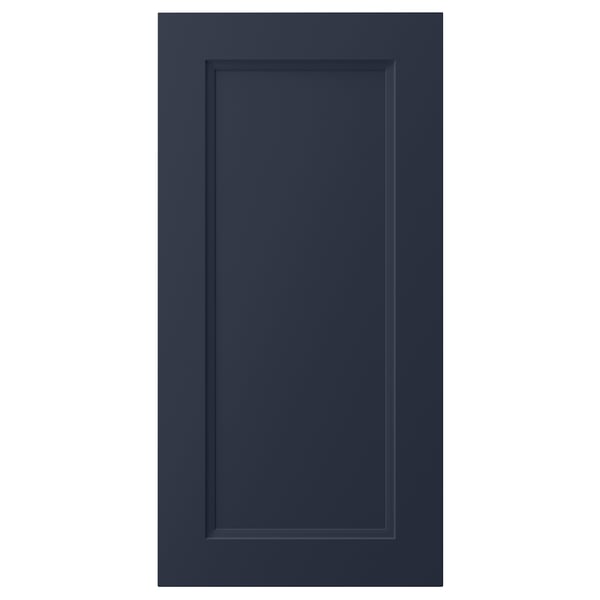 A dark blue, rectangular AXSTAD cabinet door with a smooth, inset panel design, made from fibreboard and plastic foil.