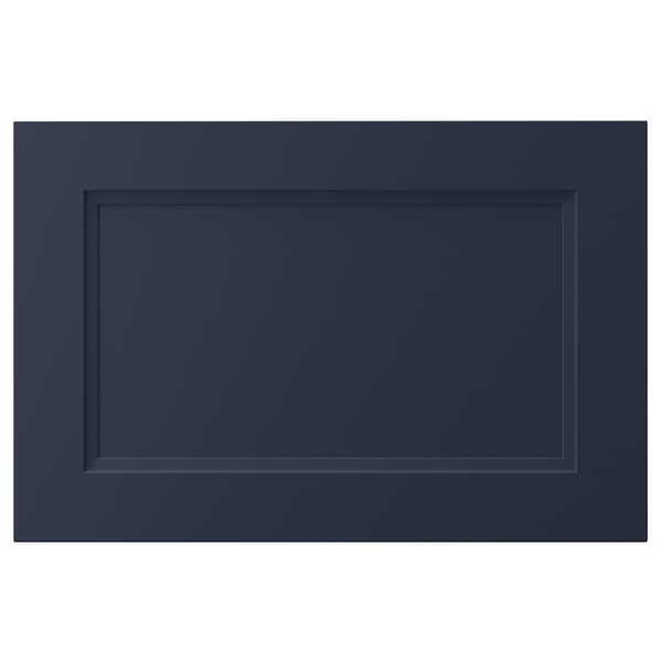 A dark blue rectangular kitchen cabinet door with an inset panel and smooth lines.