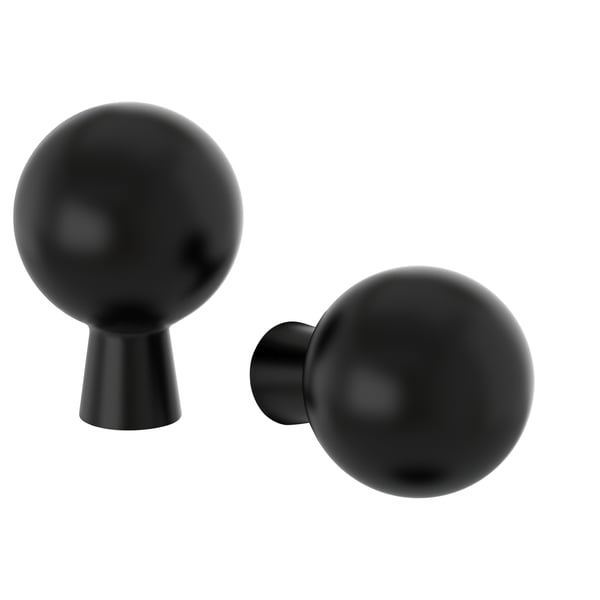 Black modern spherical knobs, steel, minimalist design.