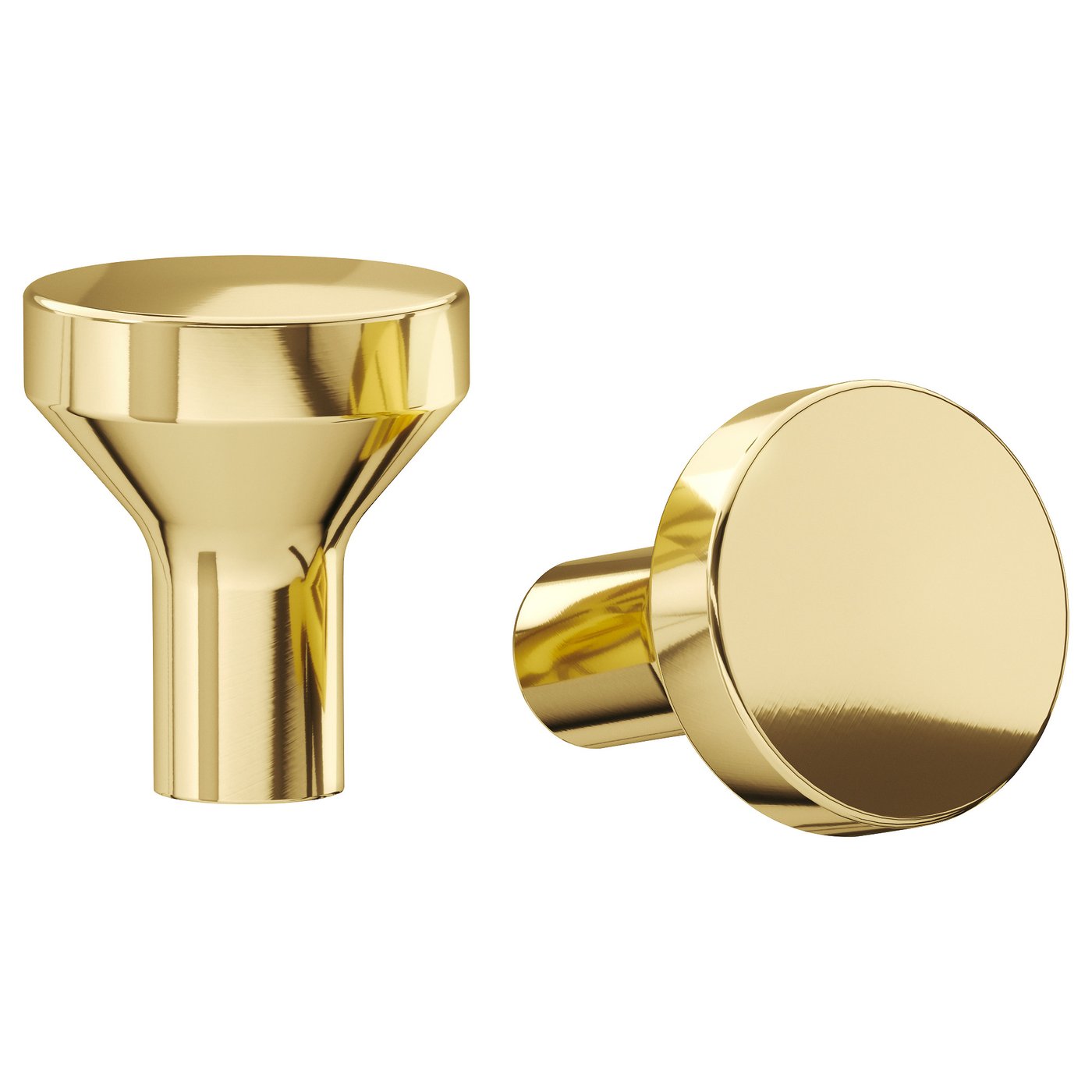 Two brass BAGGANÄS knobs, one round, one flared, clean design.