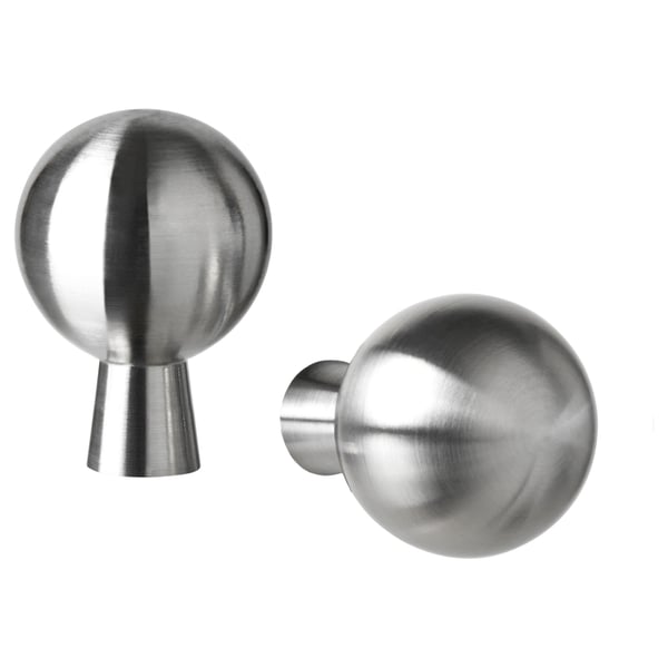 Two modern stainless steel sphere-shaped knobs with sleek design. One has a cylindrical base; the other is rounded.