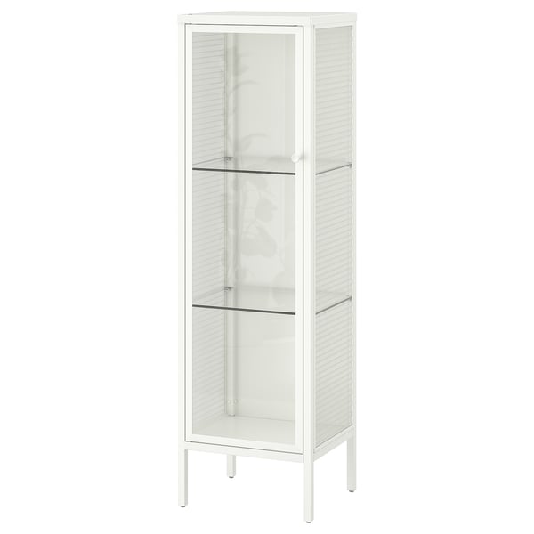 A white BAGGEBO glass display cabinet with mesh design, featuring two glass shelves.