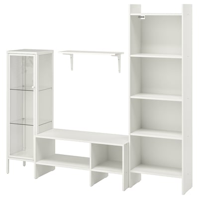 A white BAGGEBO furniture set, including a bookcase, display cabinet, tv bench, and wall shelf, all with a clean, modern design.