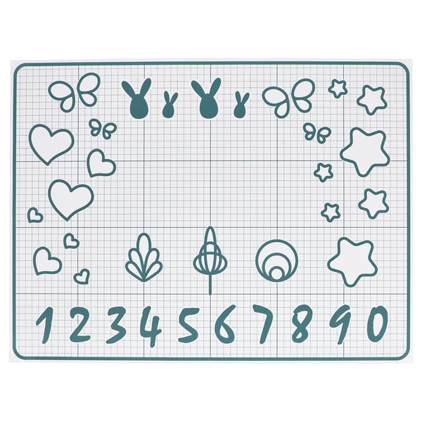BAKTRADITION blue silicone baking mat with cute shapes & numbers for kids baking activities.