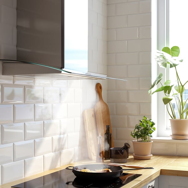 Modern kitchen with stainless hood, glass edge, wooden counter, plants, and cooking pan.