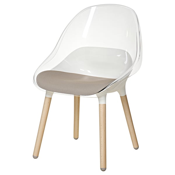 Transparent acrylic chair with wooden legs and grey cushion. Modern, minimalist design, stylish and comfortable.