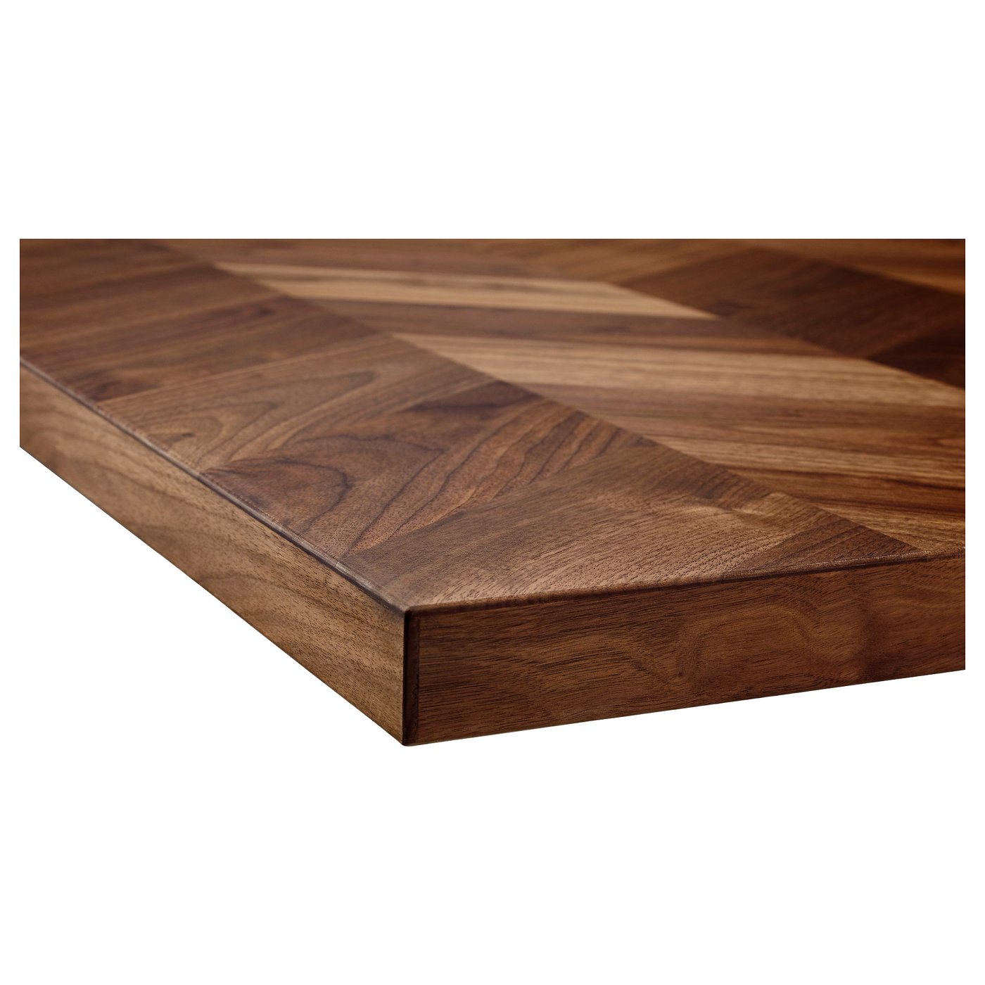 High-quality wood countertop with rich walnut finish and intricate chevron pattern.