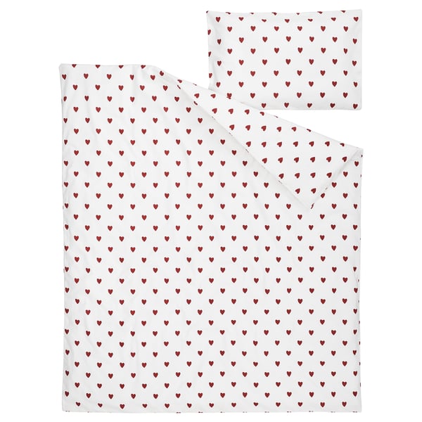 A white baby duvet cover with red hearts, featuring BARNDRÖM design, made of 100% cotton.