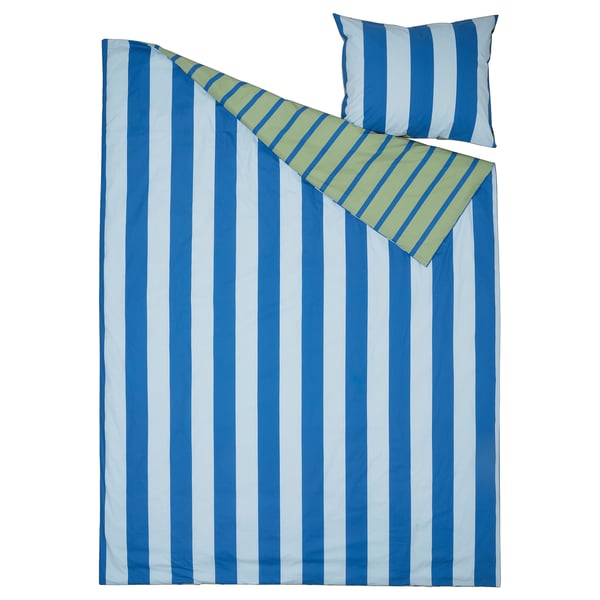 BARNDRÖM Duvet cover and pillowcase, blue green/stripe pattern, 150x200/50x60 cm