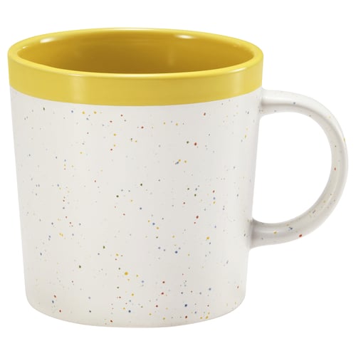 A yellow-rimmed, white mug with colourful specks. It has a handle and a smooth design, made of stoneware.