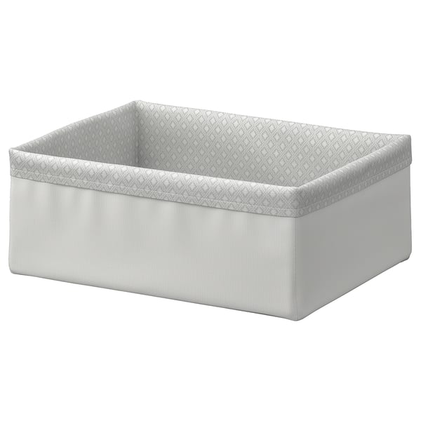 A BAXNA storage organiser in grey, made from recycled polyester, designed for shelves or drawers, with a decorative inner pattern.