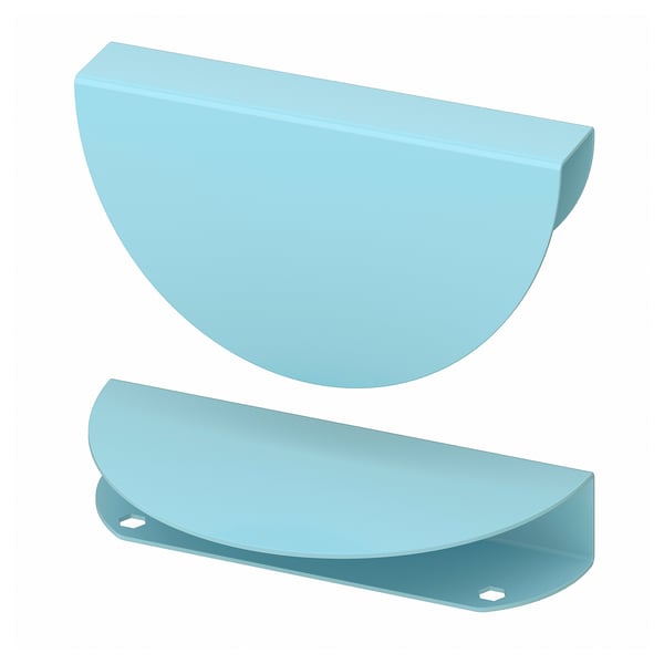 Displays two turquoise BEGRIPA handles, designed with a semi-circular shape and smooth edges, ideal for drawers or cabinets.