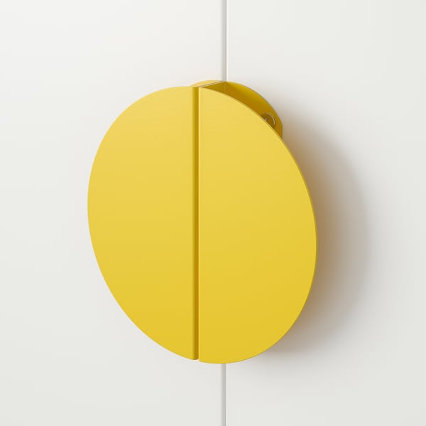 Bright yellow circular handle, smooth and stylish, mounted on white.
