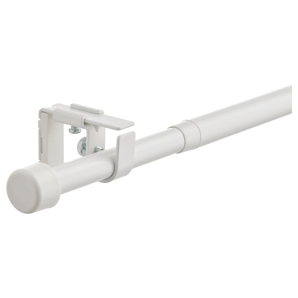 BEKRÄFTA white curtain rod set, metal, wall-mounted, adjustable, includes brackets and finials.
