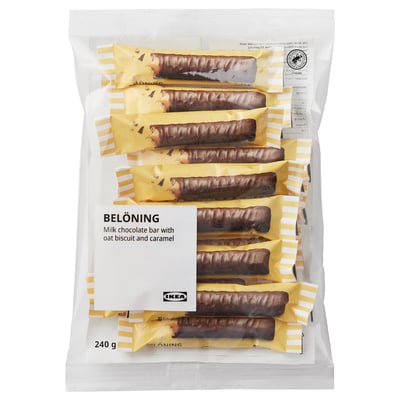 Clear plastic bag of belonging milk chocolate bars by IKEA, containing several individually wrapped bars.