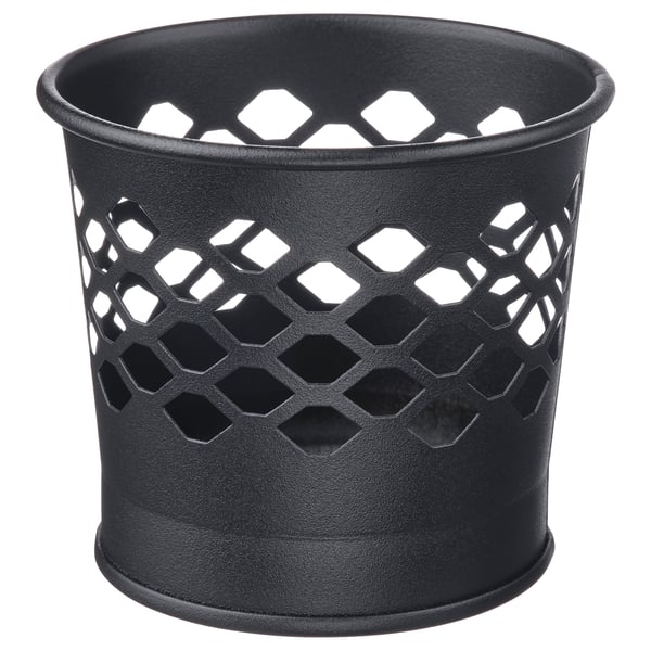 Black metal candle holder, hexagon cutouts, cylindrical shape. Ideal for creating decorative patterns with candlelight.