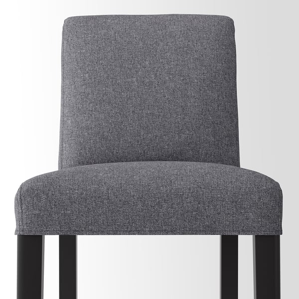 Modern grey fabric bar stool with sleek black legs, designed for comfort and style.