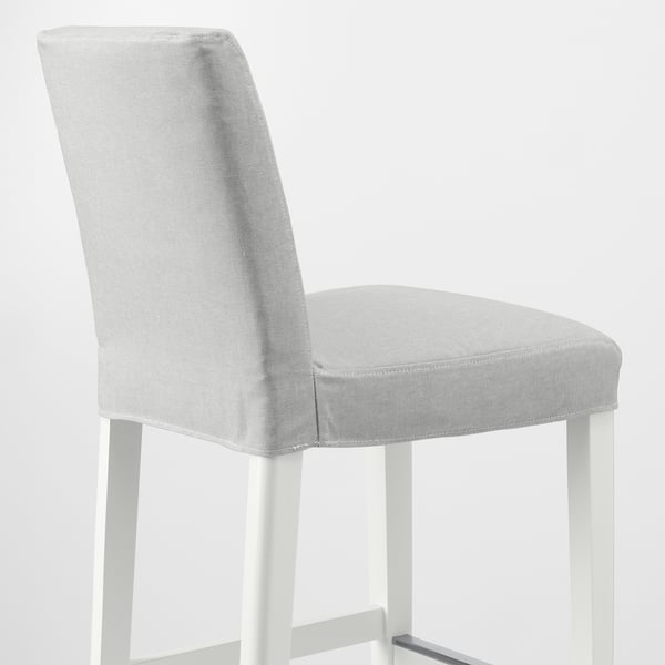 A modern bar stool with a grey cushioned seat and backrest, supported by sleek white metal legs.