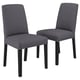 Pair of grey upholstered dining chairs with black wooden legs, modern design.