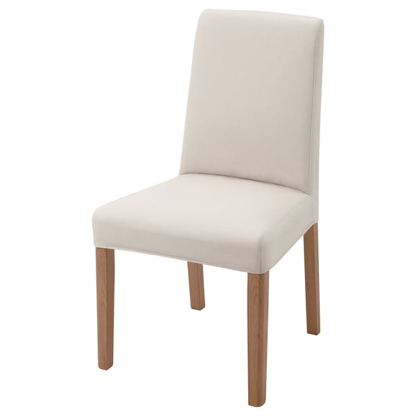 The BERGMUND chair is an off-white, upholstered dining chair with wooden legs. It a high backrest, curved edges, and a bowl-shaped seat for comfort.