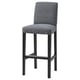 A grey BERGMUND bar stool with a cushioned seat and back, supported by a black metal frame.