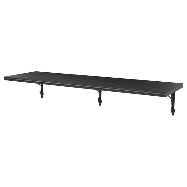 Black BERGSHULT wall shelf with angular design, made of particleboard and metal.