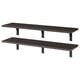 Two black wall shelves, rectangular shape, with bevelled and smooth edges, supported by metal brackets.