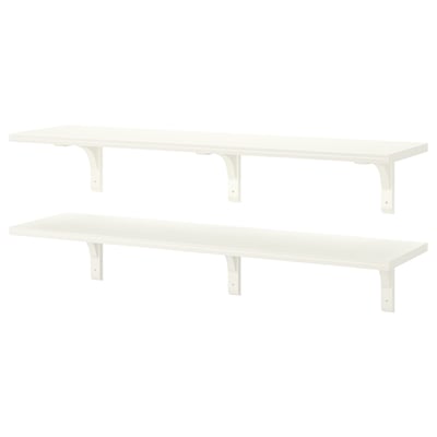 Two white BERGSHULT wall shelves, rectangular, with bevelled and smooth edges.